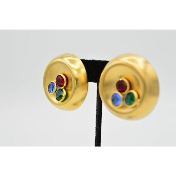 Vintage Crystal Clip Earrings Brushed Gold Rhinestone Chunky USA Signed NOS A21 - Picture 3 of 11